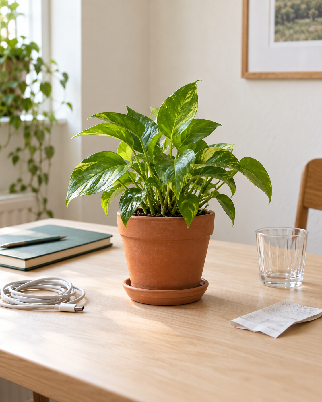Original image of a plant with a cable, glass, notebook, and receipt on the table