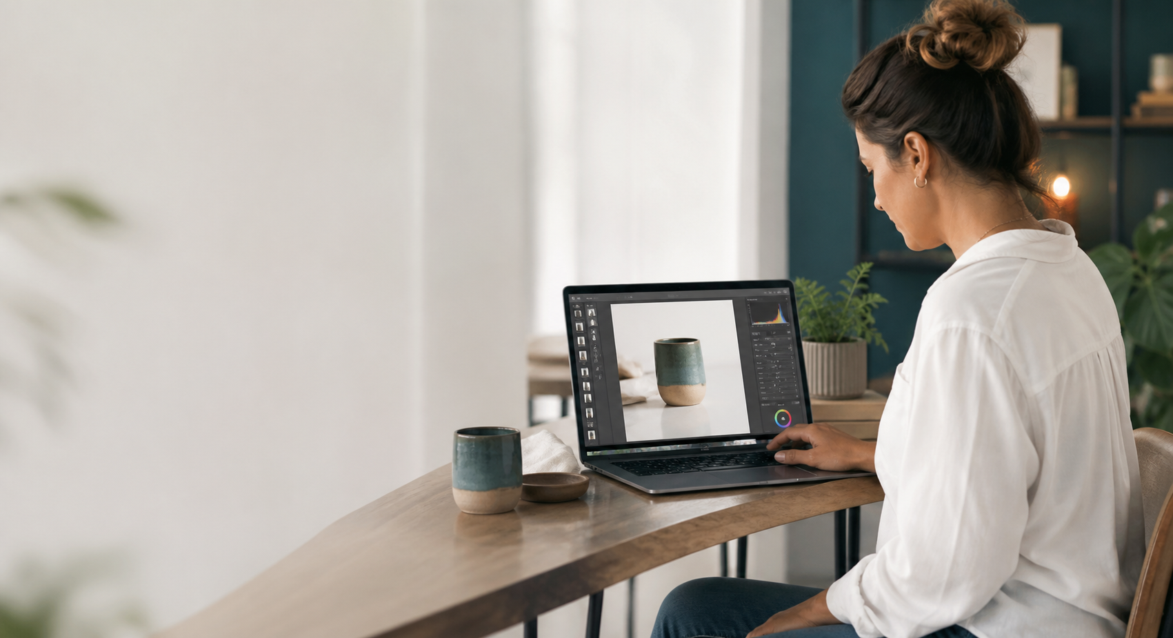 Small business owner editing a ceramic product image on a laptop